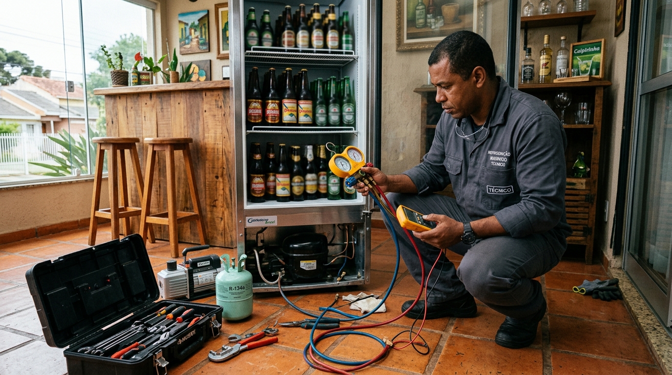 Profissional executando reparo no motor de cervejeira em Belo Horizonte‑MG