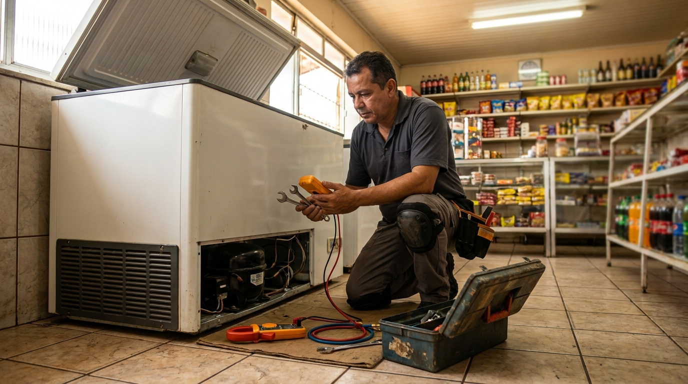 Profissional executando manutenção no motor de freezer no Castelo, Belo Horizonte‑MG