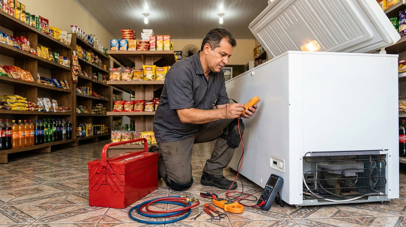 Recarga de gás refrigerante no freezer durante atendimento no Castelo, Belo Horizonte‑MG