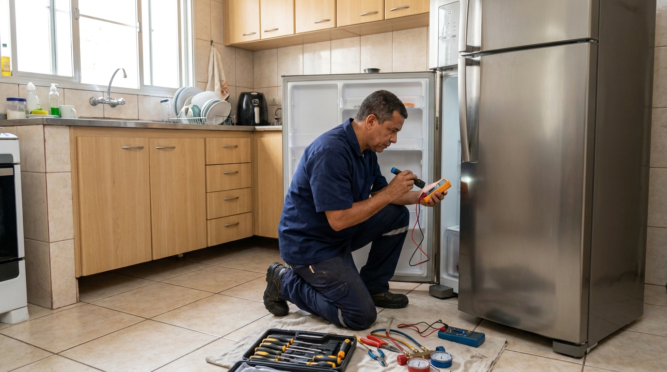Técnico aplicando recarga de gás refrigerante em geladeira no Belmonte, Belo Horizonte‑MG