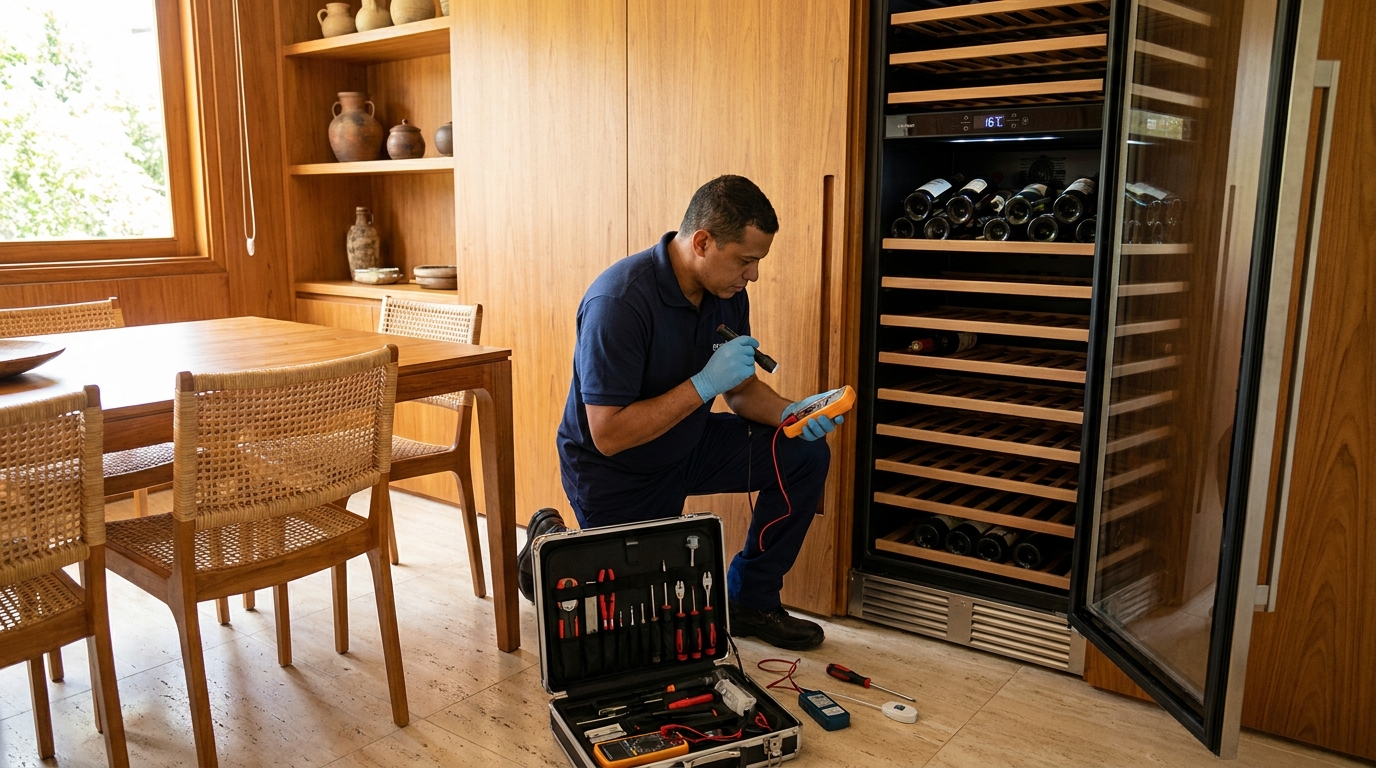 Substituição de termostato em adega climatizada em visita técnica em Buritis, Belo Horizonte‑MG