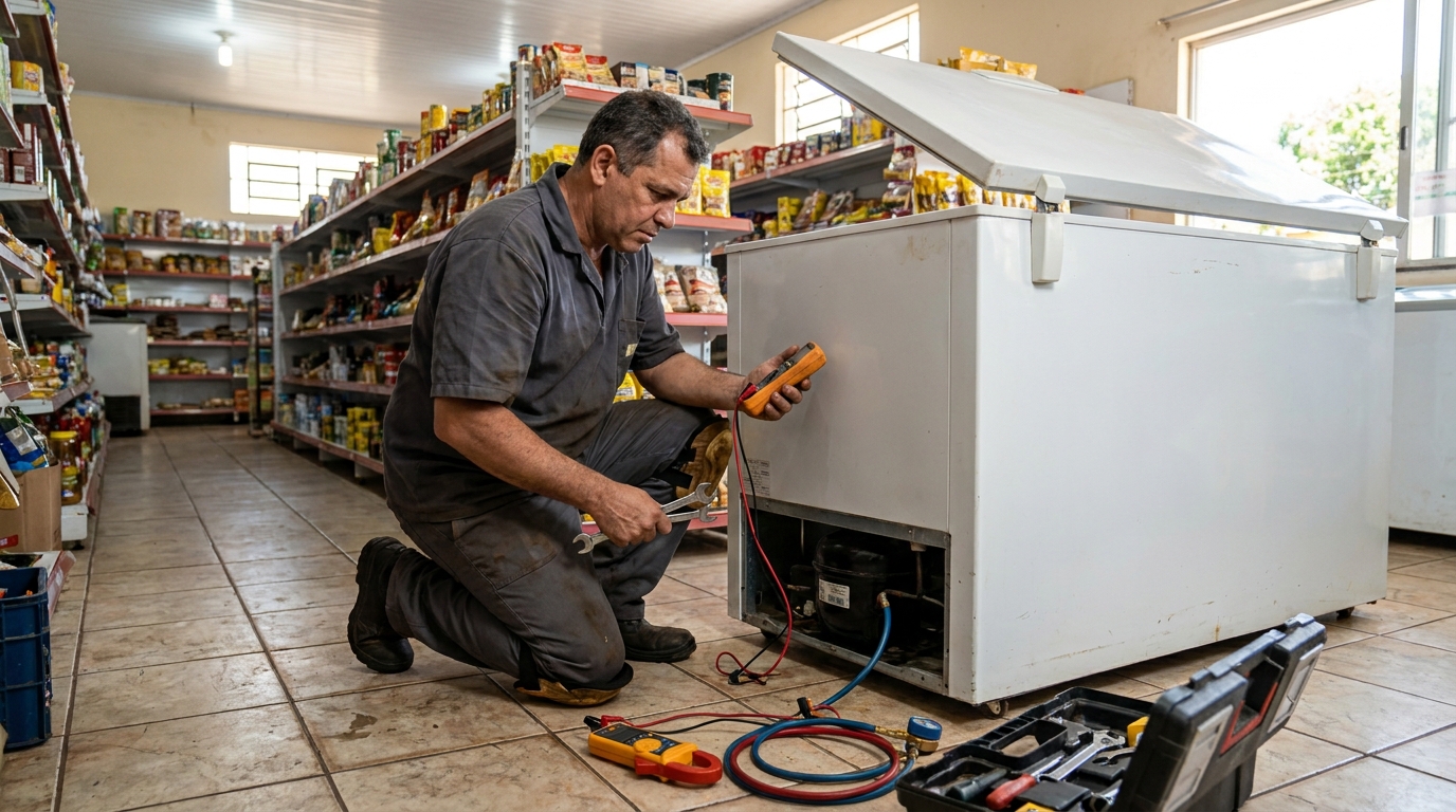 Substituição de termostato de freezer em visita técnica no Castelo, Belo Horizonte‑MG